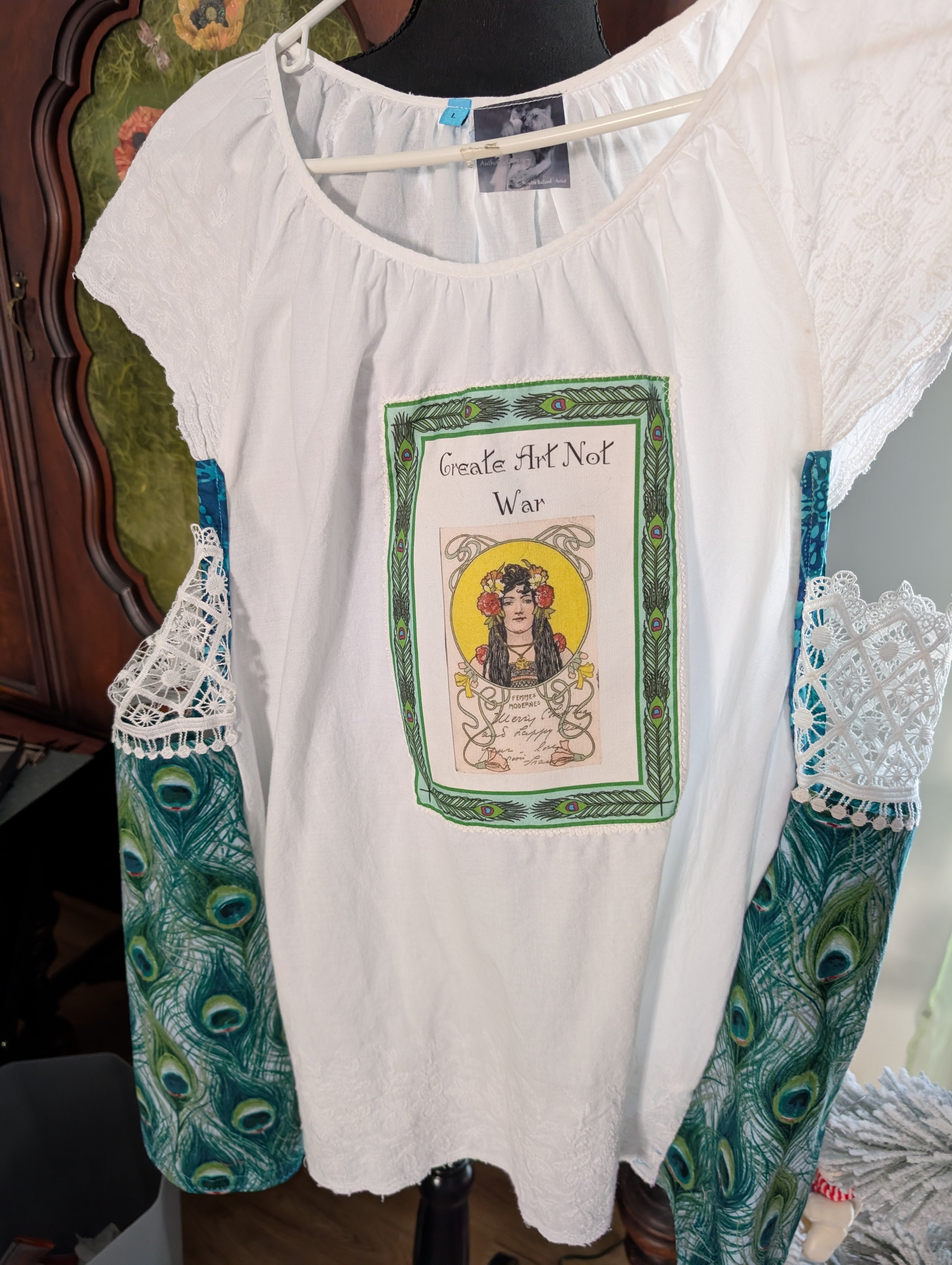 Create Art Not War Peacock Upcycled Shirt