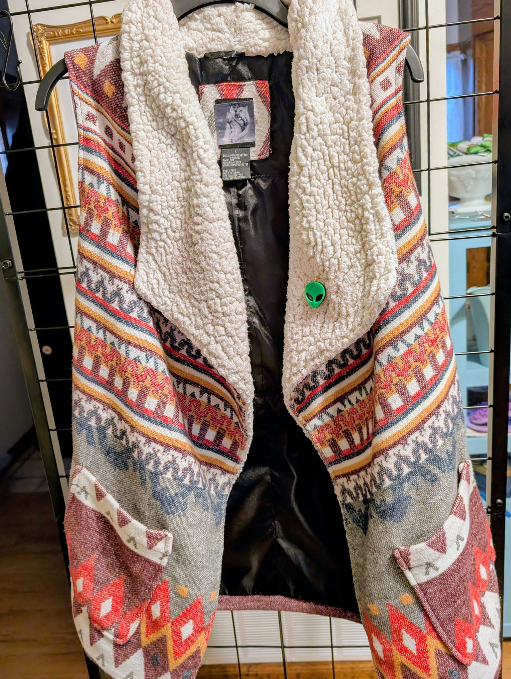 Extraterrestrial UFO Crazy Quilt Applique Sherpa Vest upcycled