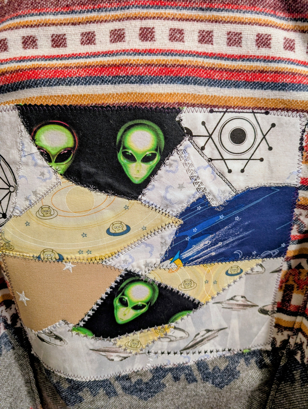 Extraterrestrial UFO Crazy Quilt Applique Sherpa Vest upcycled