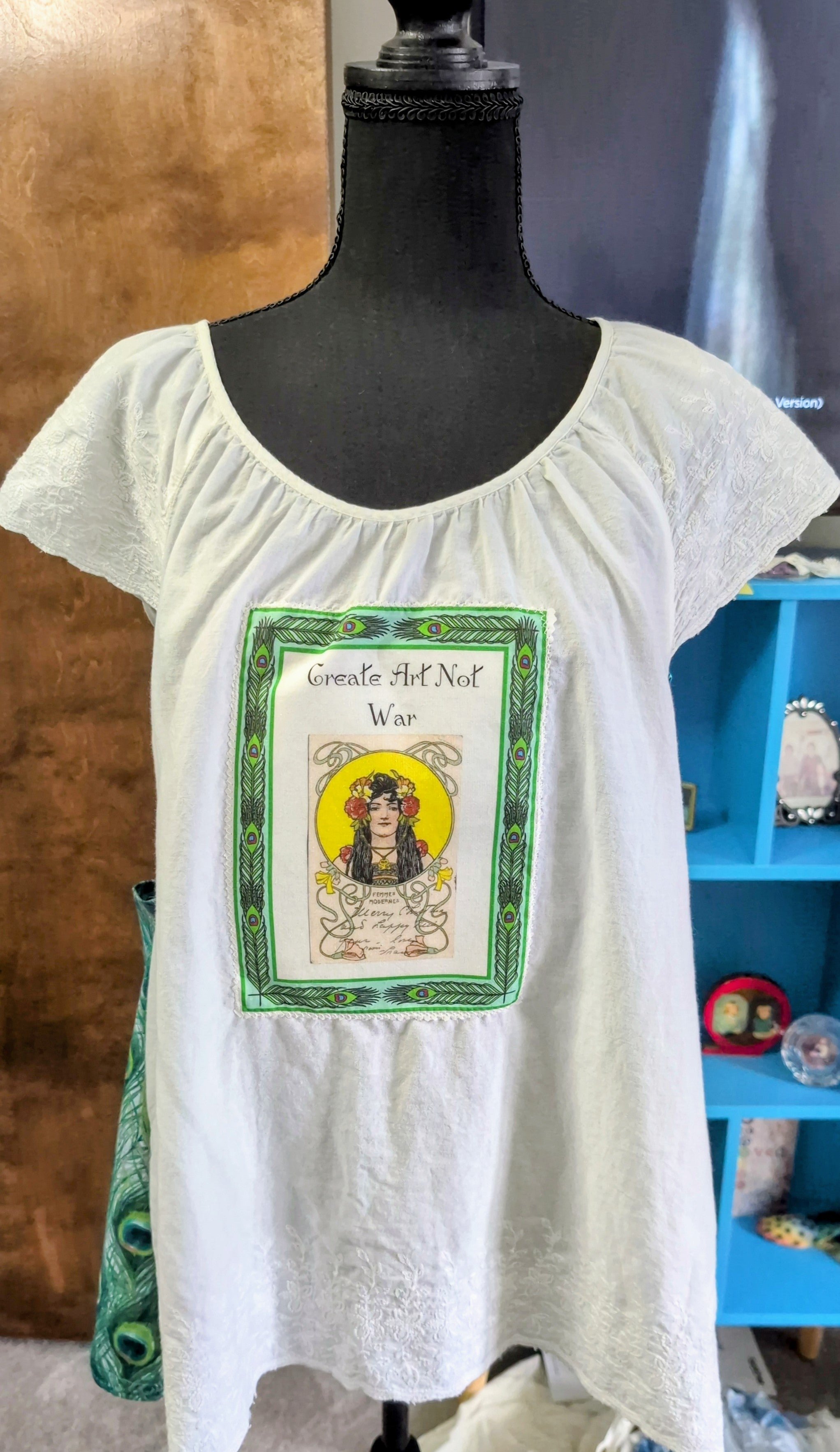 Create Art Not War Peacock Upcycled Shirt