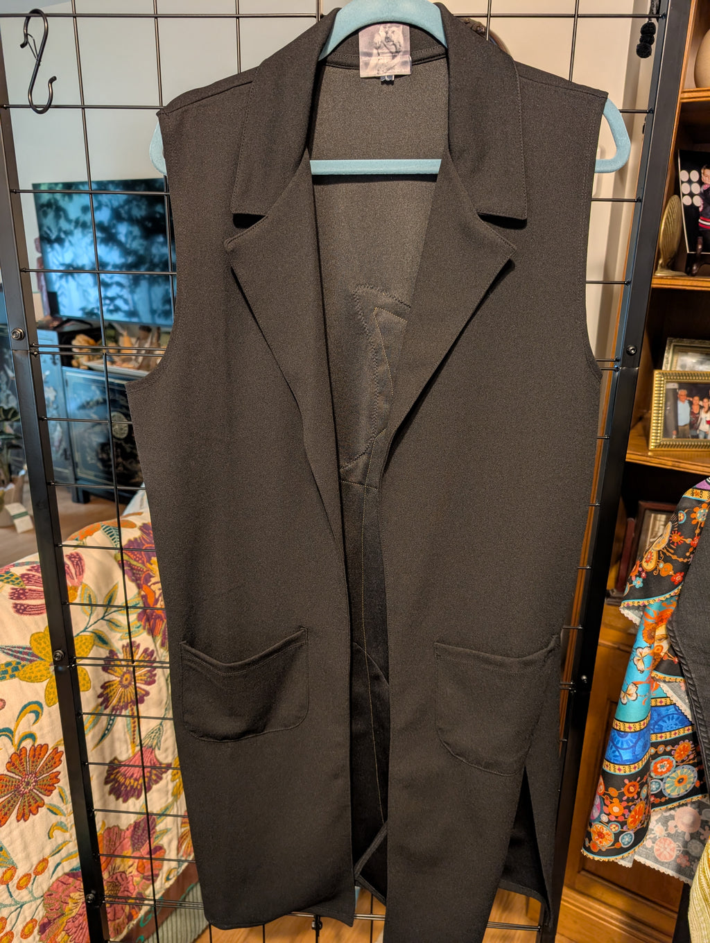 Upcycled: Long Duster Black Vest with Large Cat