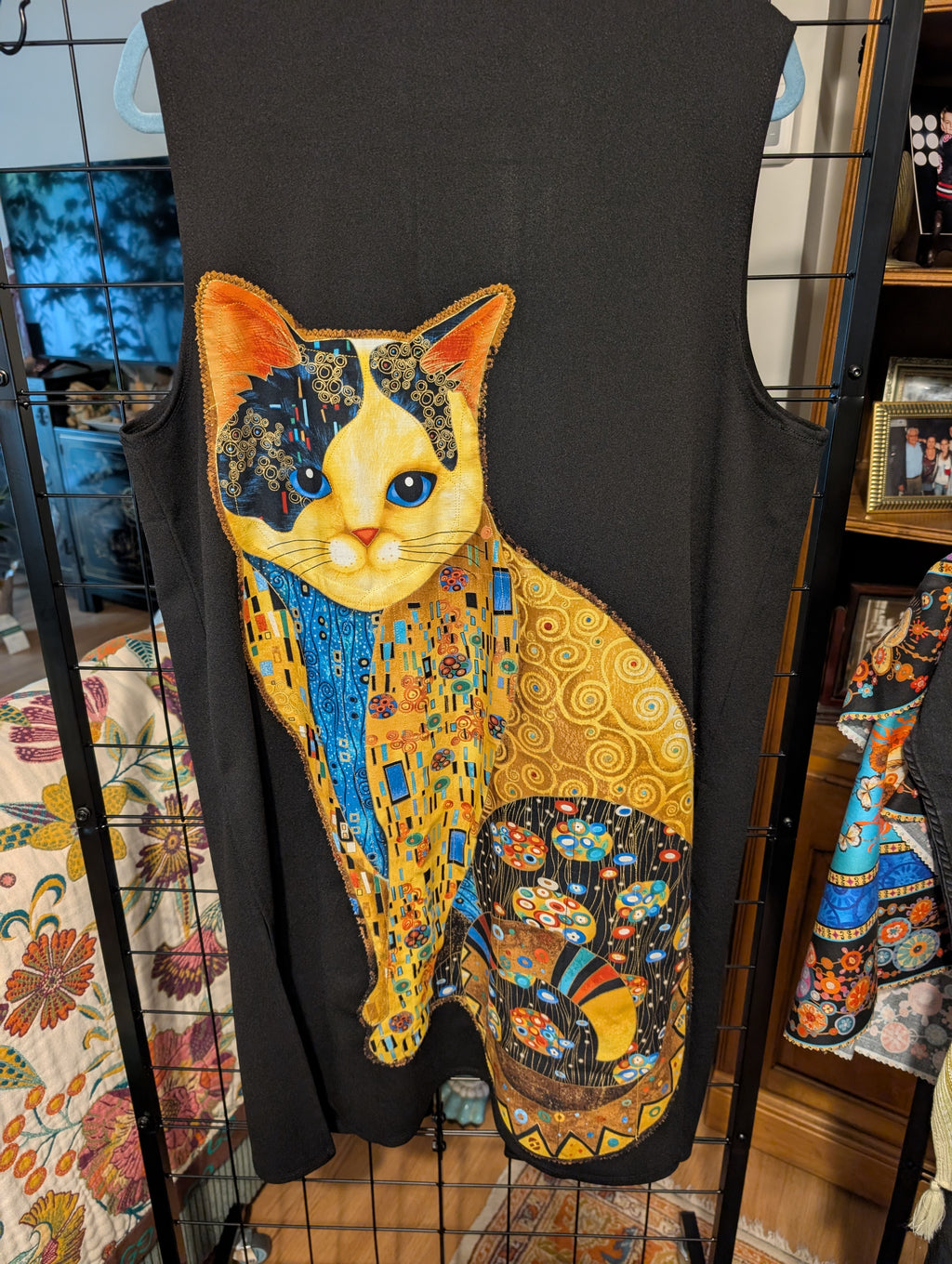 Upcycled: Long Duster Black Vest with Large Cat