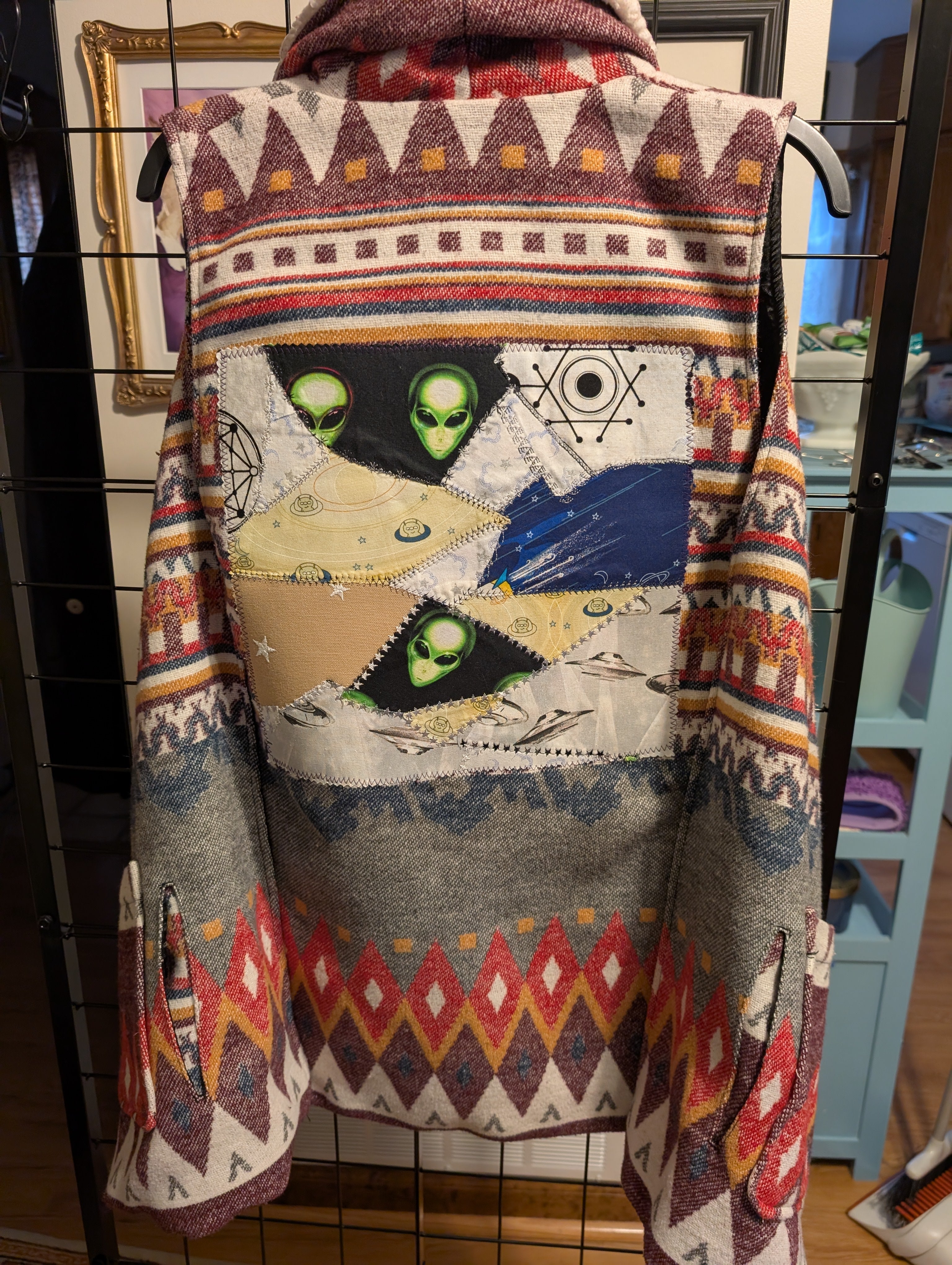 Extraterrestrial UFO Crazy Quilt Applique Sherpa Vest upcycled